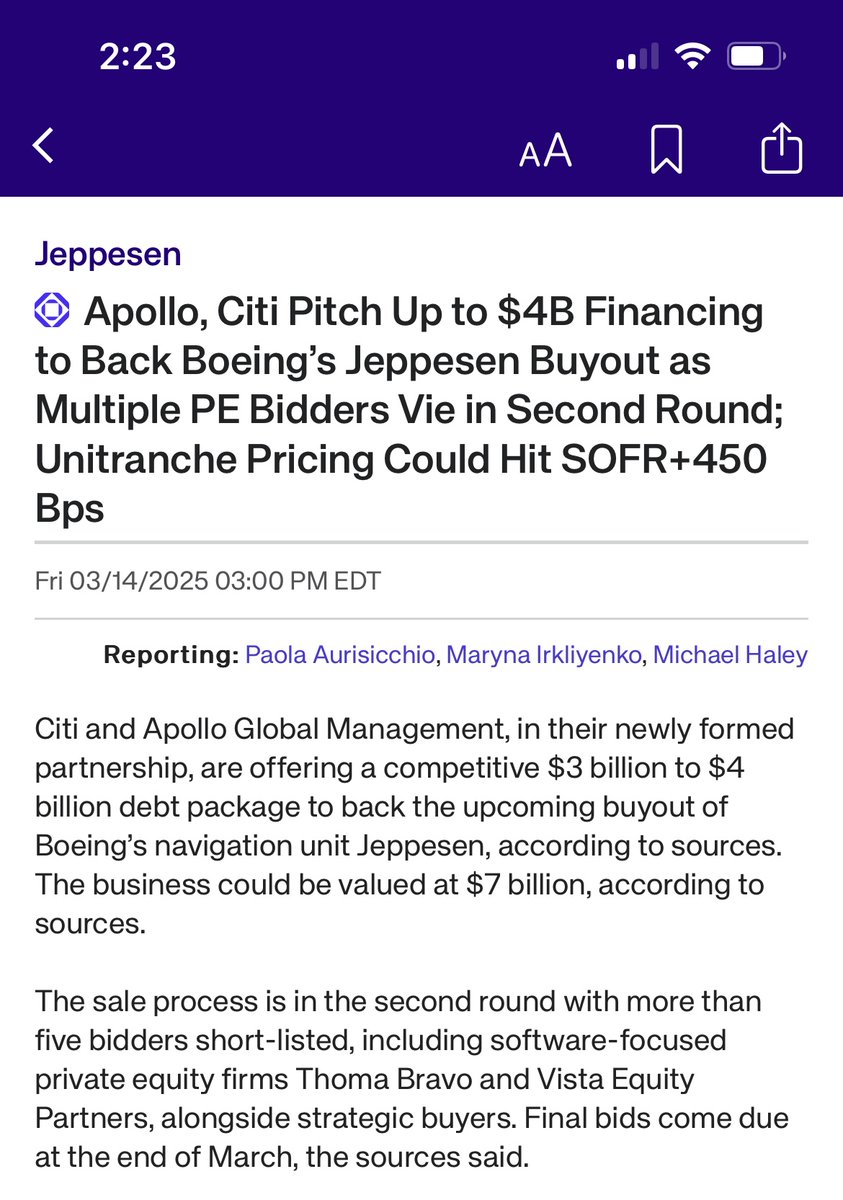 Octus (@octuscredit) on Twitter photo Our private credit/deal origination team had the early scoop on March 14 about <a href="/Boeing/">The Boeing Company</a>'s <a href="/Jeppesen/">Jeppesen</a> buyout. It’s a scoop come true. Today, Boeing announced the sale of portions of its Digital Aviation Solutions business, including Jeppesen, to <a href="/thomabravo/">Thoma Bravo</a> for $10.55B. Read the Our private credit/deal origination team had the early scoop on March 14 about <a href="/Boeing/">The Boeing Company</a>'s <a href="/Jeppesen/">Jeppesen</a> buyout. It’s a scoop come true. Today, Boeing announced the sale of portions of its Digital Aviation Solutions business, including Jeppesen, to <a href="/thomabravo/">Thoma Bravo</a> for $10.55B. Read the