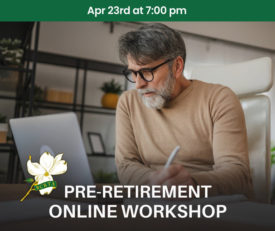 Join #BCRTA Pre-Retirement Online Workshop – Understanding your pensions and benefits!
These workshops have the information you need to confidently create a retirement plan.
Date: April  23rd at 7:00pm PST
Sign up here: bcrta.ca/register
#bctf #tpp #bcteachers #retirement