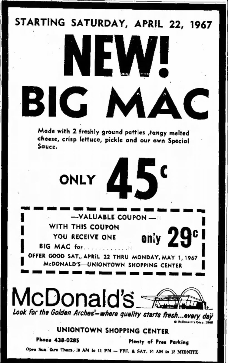 April 22, 1967 — the day a burger with humble beginnings became a legend. 🍔In a small McDonald’s in Uniontown, Pennsylvania, franchise owner Jim Delligatti had an idea: a bigger burger with two beef patties, lettuce, cheese, pickles, and a tangy special sauce, all stacked