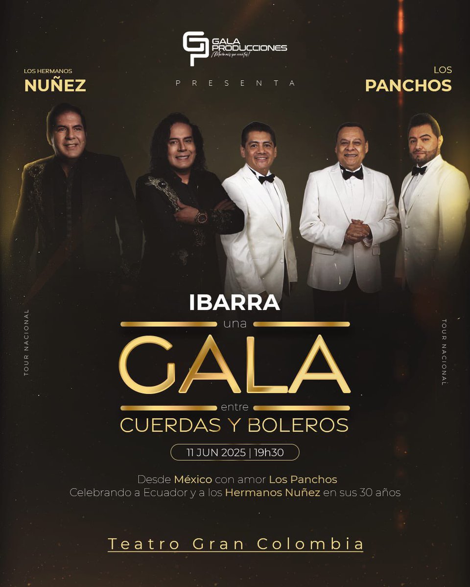 ¡IBARRA se viste de gala!🤍

Este 11 de junio prepárate para una noche inolvidable
Lugar: Teatro Gran Colombia
Hora: 19h30
Entradas ya a la venta:
✨ Premium – $40
⭐ VIP 1 – $35
🎟️ VIP 2 – $30
🥇 Golden – $25
🎤 Palco – $20
🎫 General – $10

Compra aquí:
galaproducciones.com.ec/tc-events/panc…