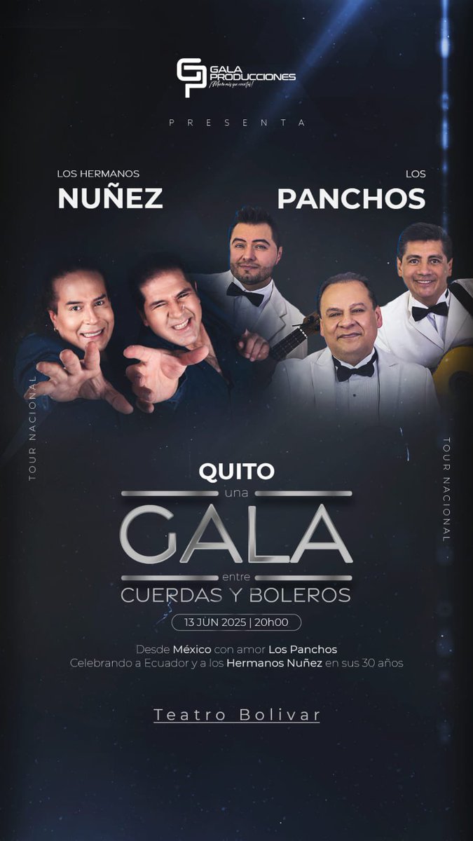 ¡Quito se viste de Gala!
🗓 12 de junio | 📍 Teatro Bolívar | 🕗 20h00
Entradas:
⭐ Premium $45
🥇 Golden $35
🎟 VIP $25
🎭 Palco $35
¡No te quedes fuera de esta noche histórica!
Desde México con amor ❤️ y desde Ecuador con orgullo