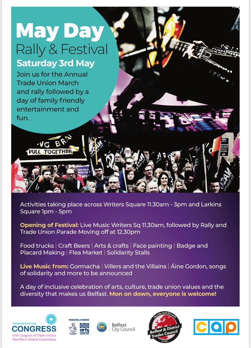 May Day Festival March and Rally Saturday 3rd May #Belfast Live music, family friendly activities, market stalls, food trucks and craft beer from 11:30am - 5.30pm  Writers Sq &amp; Larkin’s Sq (behind John Hewitt)!  Full two week programme pinned to profile.