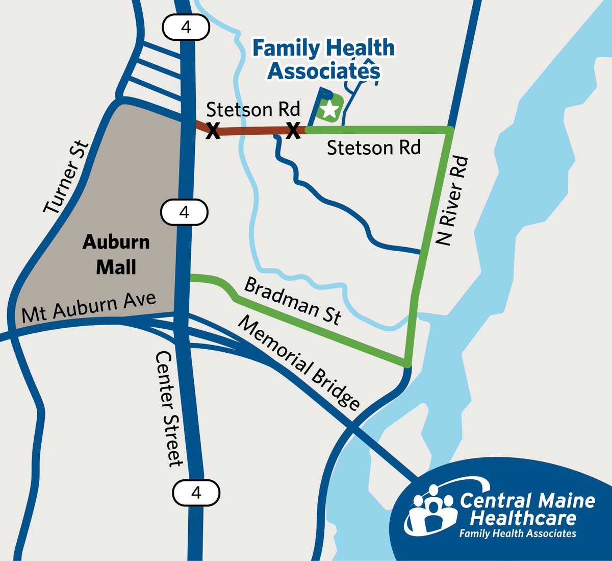 The City of Auburn has begun road construction that will impact access to Family Healthcare Associates at 190 Stetson Rd, in Auburn.  To access Family Healthcare Associates, please allow extra time for travel and use the alternative route suggested in the map below.