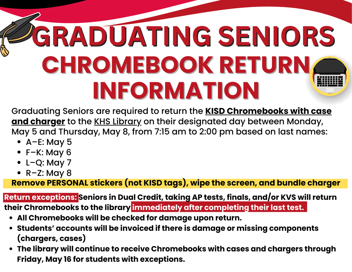 Seniors, here is the schedule to return Chromebooks to the library! See you soon with your Chromebook, case and charger! 💻
