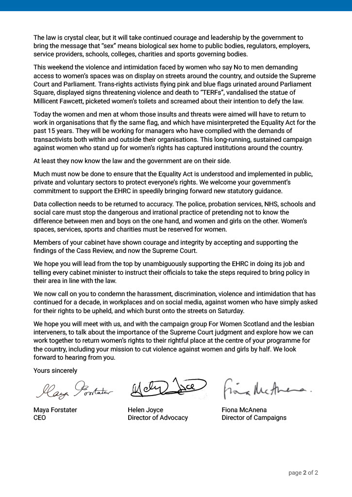 Sex Matters (@sexmattersorg) on Twitter photo We have written to <a href="/Keir_Starmer/">Keir Starmer</a> urging him to condemn the harassment, discrimination, violence and intimidation suffered by women over the weekend.
We hope that the Prime Minister will meet with us, and with <a href="/ForWomenScot/">For Women Scotland</a> and <a href="/ScotLesbians/">Scottish Lesbians</a>, to talk about next steps following We have written to <a href="/Keir_Starmer/">Keir Starmer</a> urging him to condemn the harassment, discrimination, violence and intimidation suffered by women over the weekend.
We hope that the Prime Minister will meet with us, and with <a href="/ForWomenScot/">For Women Scotland</a> and <a href="/ScotLesbians/">Scottish Lesbians</a>, to talk about next steps following