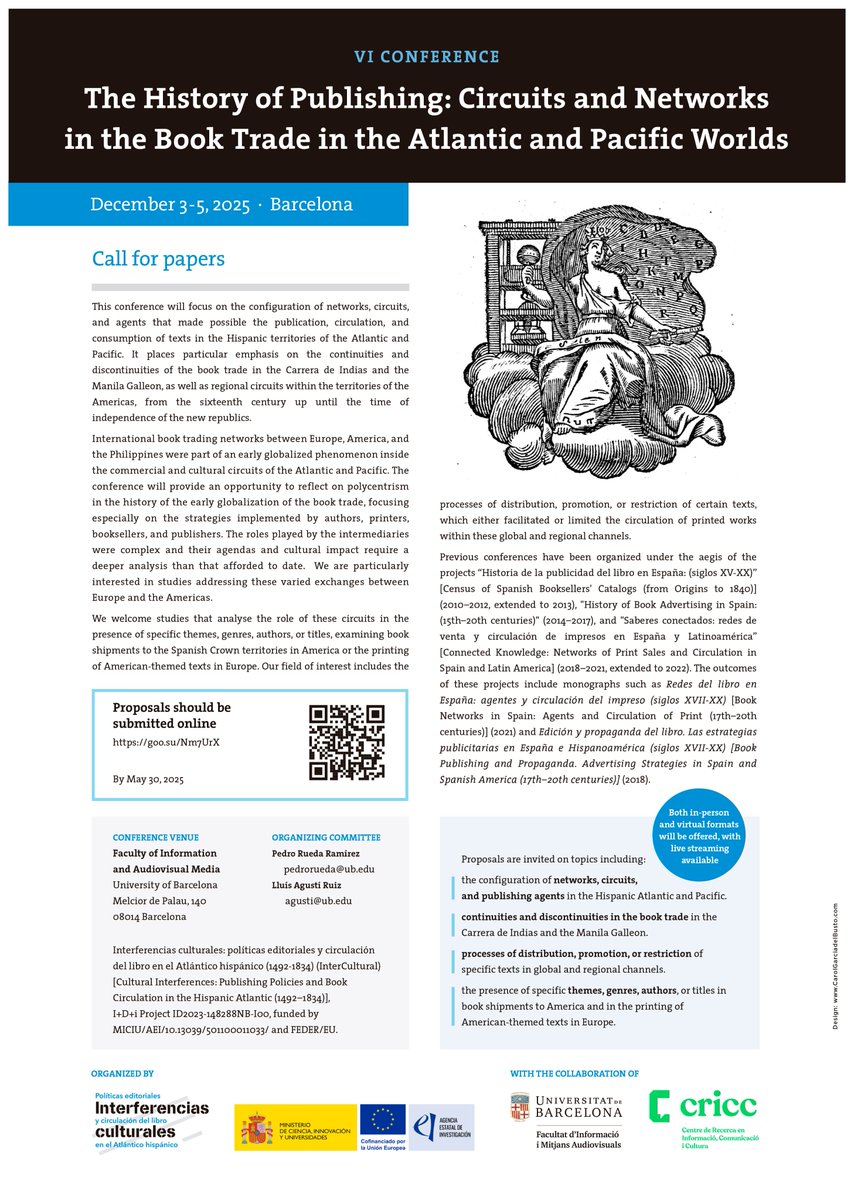 Call for papers: VI Conference on the History of Publishing: Circuits and Networks in the Book Trade in the Atlantic and Pacific Worlds, December 3–5, 2025 (Barcelona).

We’d appreciate your help sharing this!