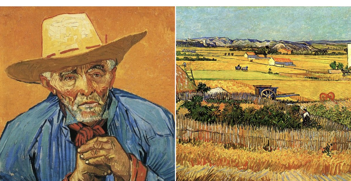 The relationship between the portrait of the field hand, Patience Escalier and the landscape at Arles is fascinating as Patience  worked in the very fields depicted in the landscape. #VanGogh flooded the background of the portrait with the same cadmium orange as in the landscape.