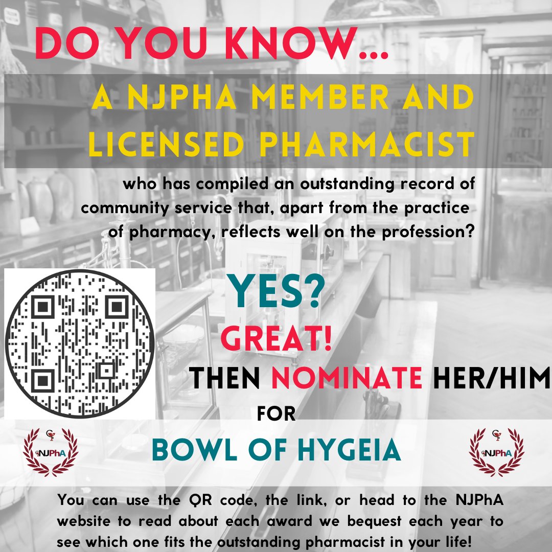 NJPharma's tweet photo. https://t.co/RzWe8tPbQR
Nominate an outstanding candidate for this years Bowl of Hygeia Award! https://t.co/dS1g3705EE