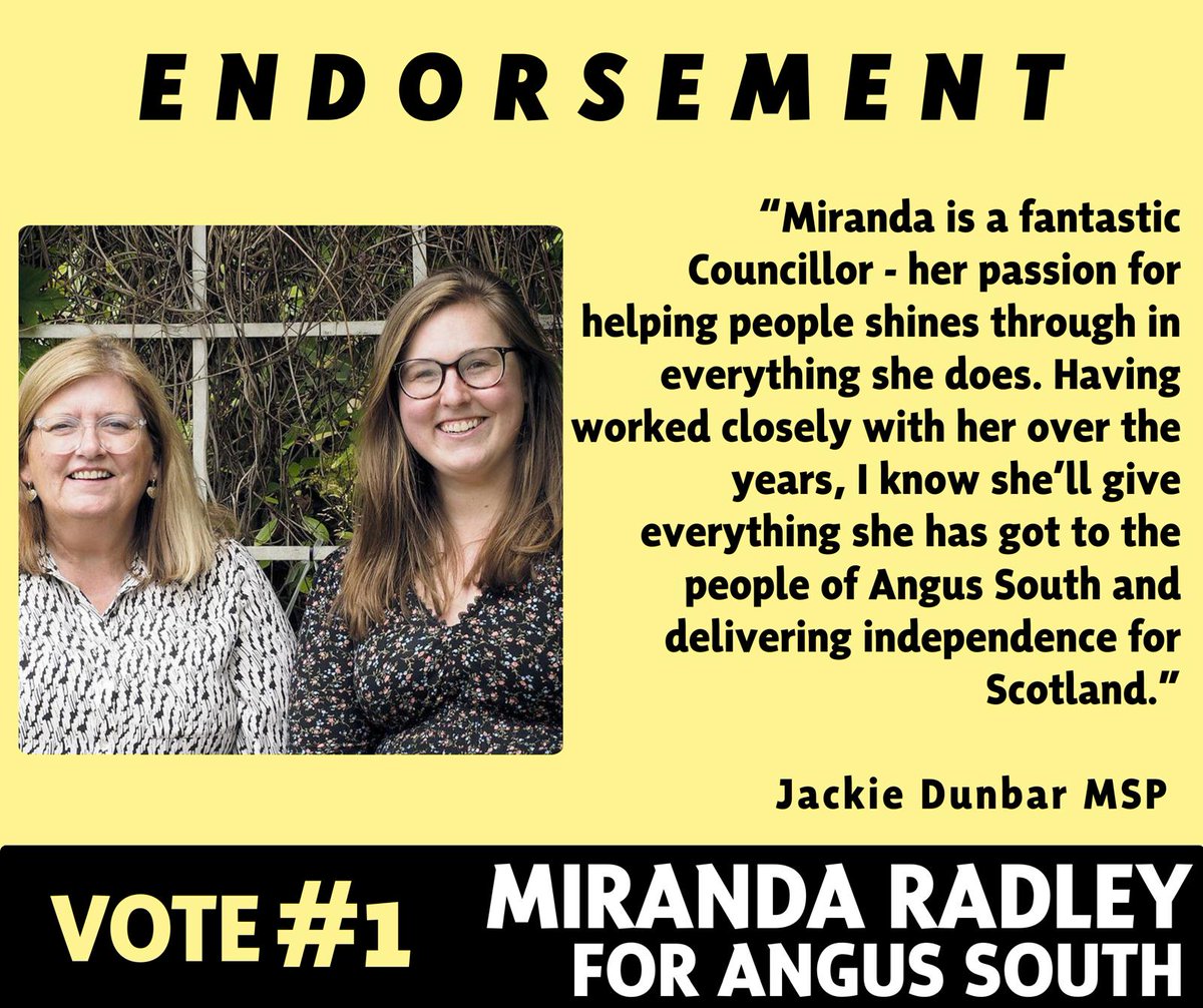 radley_miranda's tweet photo. Thrilled to have an endorsement from @JackieDunbarSNP! 

Candidate ballots should be in folks inboxes now. 

Vote Miranda Radley #1 for Angus South. https://t.co/Tq2Zu7JJAC