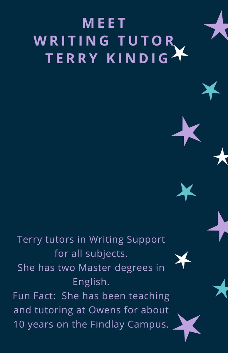 OwensCCLibrary's tweet photo. Meet our tutor from the Findlay learning commons, Terry! Need help with writing your paper? Terry would be more than happy to help! https://t.co/DE8xjxZZNV