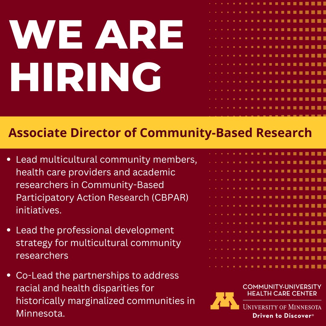 #NowHiring an Associate Director of Community-Based Research to help us improve community health outcomes and ensure strategic and clinical research initiatives are successful. Apply today! ow.ly/YWzw50VEUmi

#JobOpportunity #HealthCareers #ResearchCareers #PublicHealthJobs