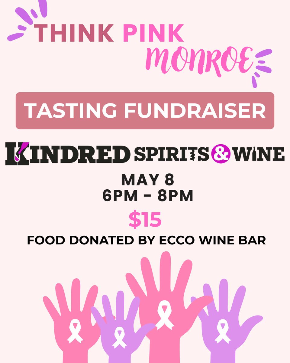 Kindred_SW's tweet image. Join us at our Monroe location for a Tasting Fundraiser! We're having a tasting event to raise money for breast cancer awareness. let's bring awareness to the cause. 💖⁠
⁠
Link: ⁠
thinkpinkmonroe.com⁠
#ThinkPinkMonore #kindredspitritsandwine #BreastCancerAwareness