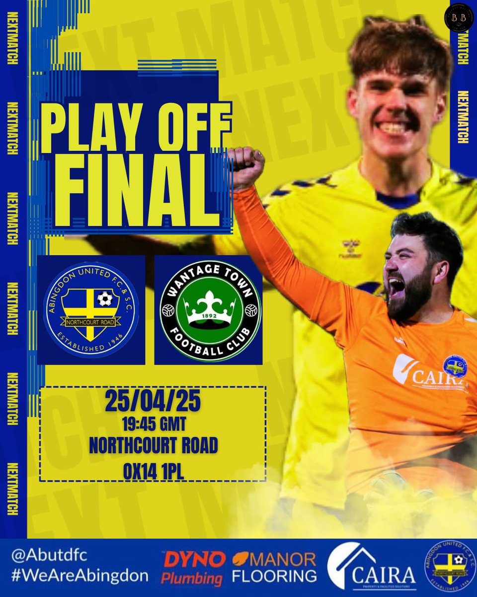 Abingdon United FC Official (@abutdfc) on Twitter photo PLAY OFF FINAL FRIDAY | PLEASE SHARE!
The Hellenic Division 1 Play Off Final between Abingdon United & <a href="/WantageTownFC/">Wantage Town FC</a> is at The Northcourt Friday Night
Please bring all your friends & family to support us 1 last time PLAY OFF FINAL FRIDAY | PLEASE SHARE!
The Hellenic Division 1 Play Off Final between Abingdon United & <a href="/WantageTownFC/">Wantage Town FC</a> is at The Northcourt Friday Night
Please bring all your friends & family to support us 1 last time