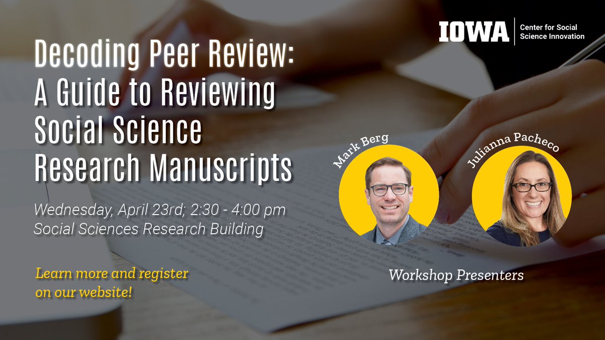 Are you a researcher looking to enhance your peer review skills? Join us tomorrow for a workshop that will present the best practices and tools for reviewing social science research manuscripts. Learn more and register for the workshop here: shorturl.at/7Un81