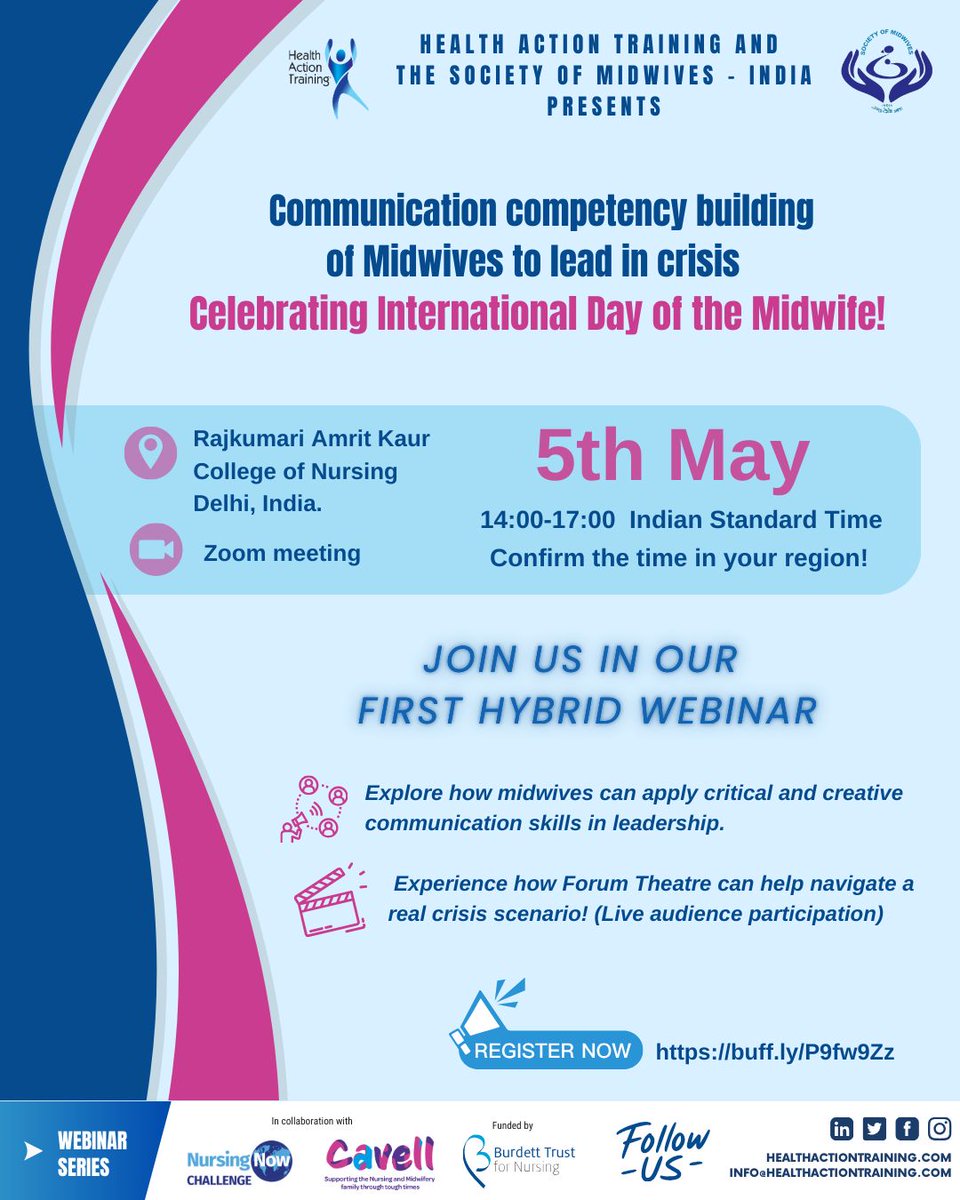 Burdett Trust π (@burdetttrust) on Twitter photo The fourth workshop run by <a href="/HealthActionUK/">Health Action Training Ltd</a>, <a href="/NursingNow2020/">Nursing Now Challenge</a> & Cavell Trust is taking place on 5th May.
This is their first hybrid webinar, taking place in person at the Rajkumari Amrit Kaur College of Nursing in Delhi, & livestreamed internationally.
us06web.zoom.us/webinar/regist⦠The fourth workshop run by <a href="/HealthActionUK/">Health Action Training Ltd</a>, <a href="/NursingNow2020/">Nursing Now Challenge</a> & Cavell Trust is taking place on 5th May.
This is their first hybrid webinar, taking place in person at the Rajkumari Amrit Kaur College of Nursing in Delhi, & livestreamed internationally.
us06web.zoom.us/webinar/registβ¦