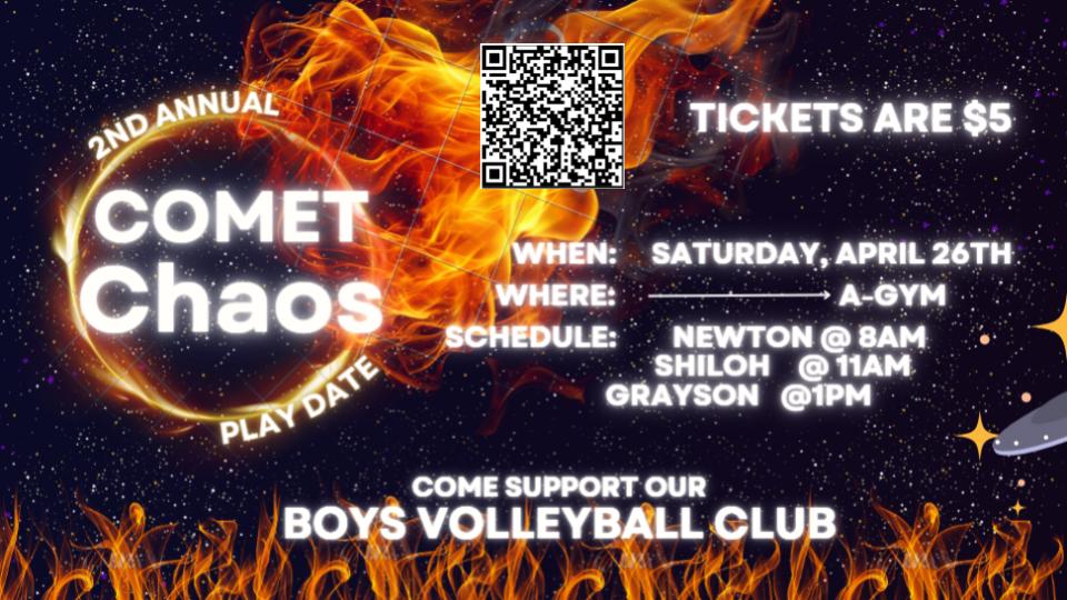 Grab 'em while they're hot! The 2nd Annual Comet Chaos Playdate is this Sat., 4/26, starting @ 8 am in the A Gym. $5 tickets on sale @ GoFan.co #GoComets!