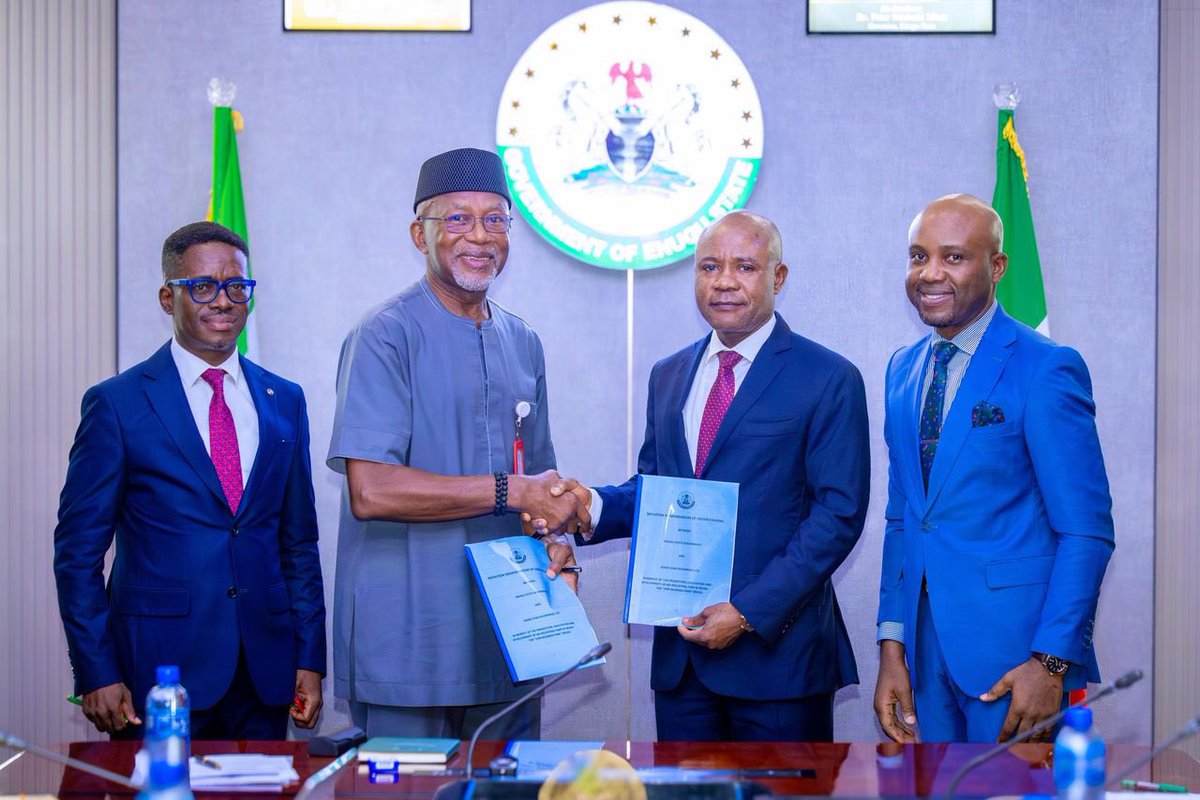 PNMbah's tweet photo. Today in my office, I signed a renewed Memorandum of Understanding with the management of Lion Business Park Limited to develop a world-class industrial and commercial hub within the Enugu Industrial Park Free Trade Zone. https://t.co/g4JTOIaUEs