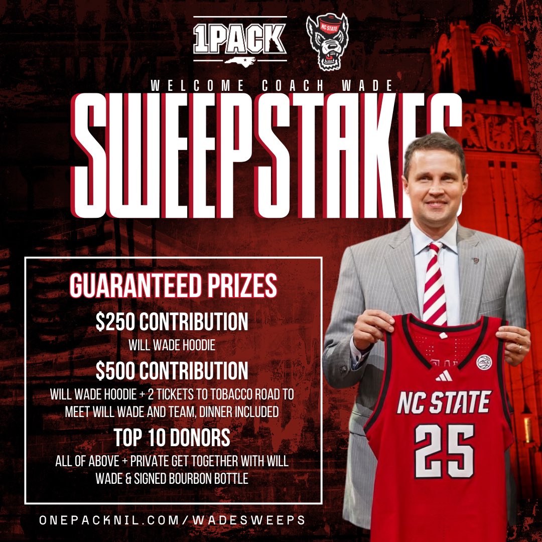 We’re rolling out the red carpet for <a href="/CoachWadeNCSU/">Will Wade</a> with our Spring Sweepstakes! 🐺🏀

Win a fly-away trip for 2 to an ACC road game, signed jerseys &amp; mini basketballs, game tickets, dinner with Coach and <a href="/PackMensBball/">NC State Men's Basketball</a>, and so much more!

⏳ Deadline: Wednesday, May 7 at 8PM ET