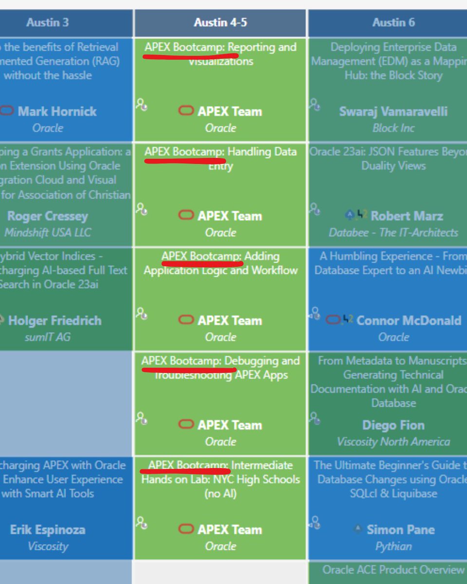 odtug's tweet image. More #Kscope25 agenda tips and tricks - Room locations are listed at the top and the bottom of The Grid.🗓️ Example: all APEX Boot Camp sessions will be held in rooms &quot;Austin 4-5&quot;. View available session details: bit.ly/The-Kscope25-G…

#orclAnalytics #orclAPEX #orclDB #orclEPM…