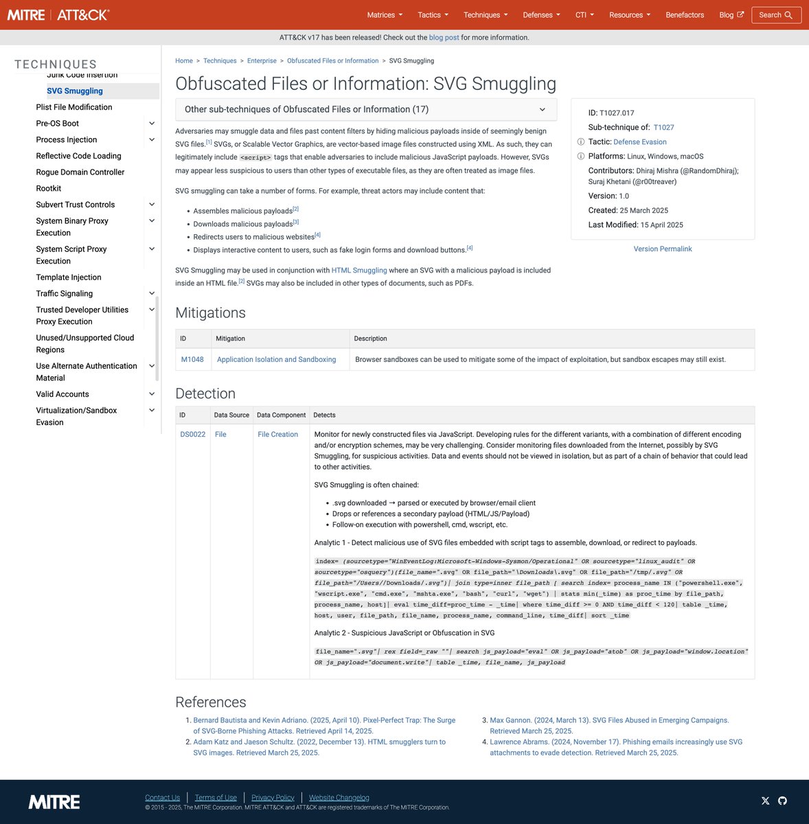 RandomDhiraj's tweet image. Stoked! Our (@r00treaver) work on SVG Smuggling is now part of MITRE ATT&amp;amp;CK (T1027.017)!
attack.mitre.org/techniques/T10…
#infosec #redteam