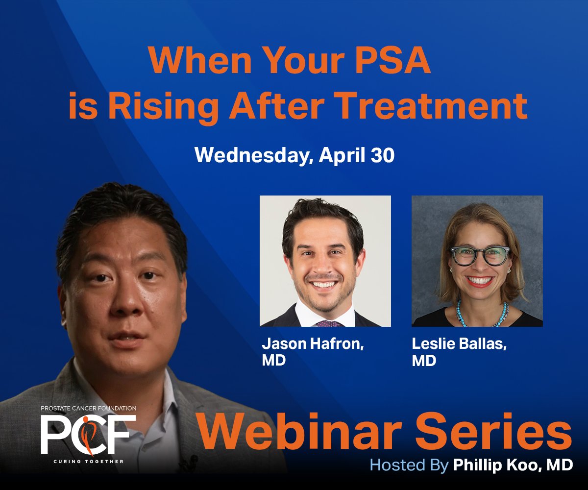 Prostate Cancer Foundation (@pcfnews) on Twitter photo Join <a href="/PhillipKooMD/">Phillip Koo, MD</a>, <a href="/HafronJason/">Jason Hafron</a>, M.D., and @L_Ballas, M.D., as they discuss the issues around rising PSA and what you, or someone you care for, can do about it.
🗓️ 4.30
⏰ 7PM ET
RSVP: us06web.zoom.us/webinar/regist…
#MedEd #MedX Join <a href="/PhillipKooMD/">Phillip Koo, MD</a>, <a href="/HafronJason/">Jason Hafron</a>, M.D., and @L_Ballas, M.D., as they discuss the issues around rising PSA and what you, or someone you care for, can do about it.
🗓️ 4.30
⏰ 7PM ET
RSVP: us06web.zoom.us/webinar/regist…
#MedEd #MedX