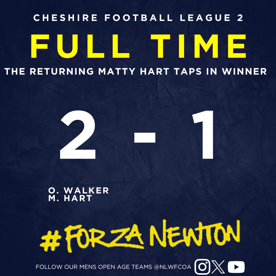 F U L L T I M E

Owen Walker opened the scoring before Matty Hart tapped in the winner as the First Team pick up another 3 points.

#ForzaNewton