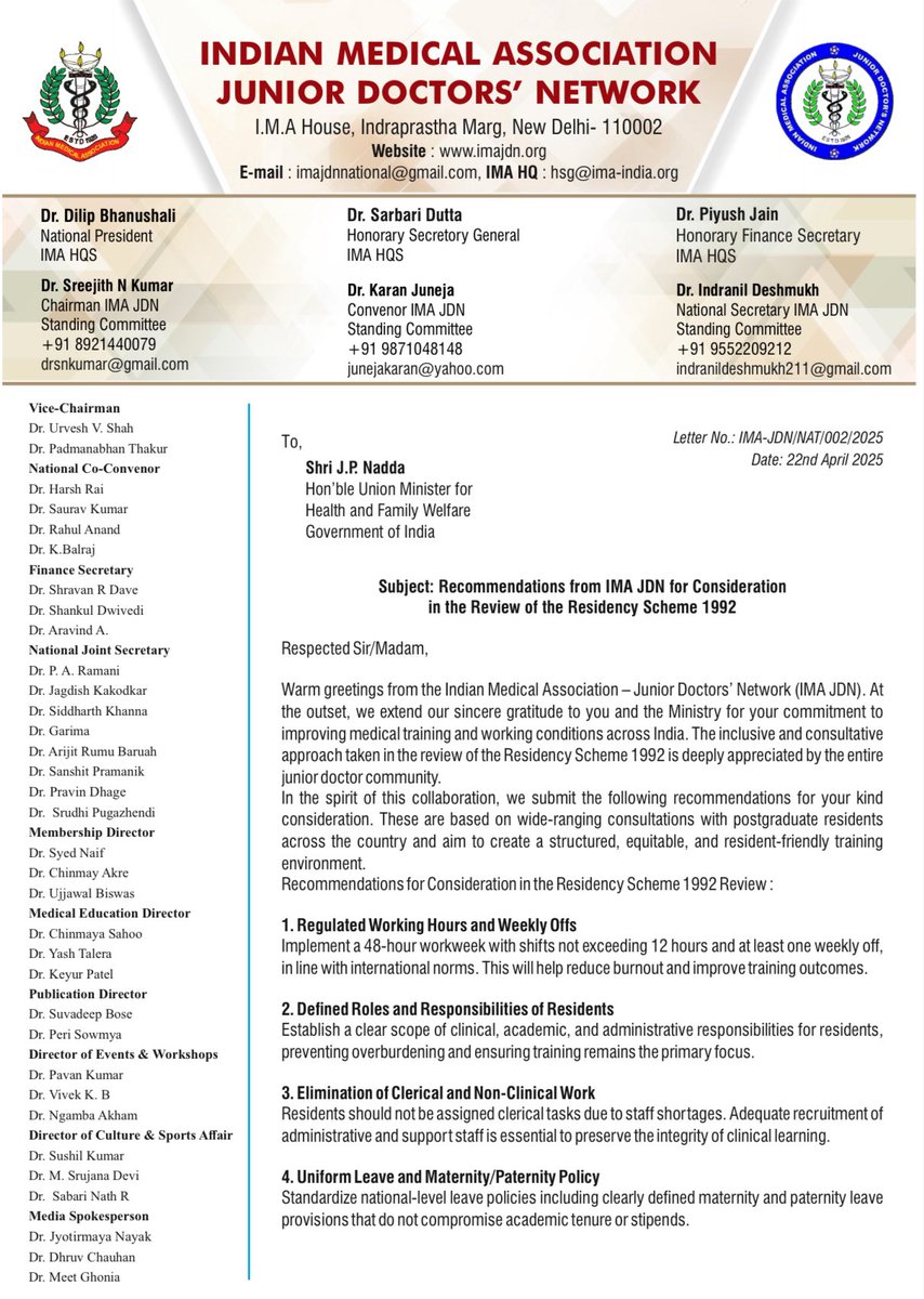 imajdnnational's tweet photo. MA JDN submits 25 key recommendations to Health Minister Shri @JPNadda for a reformed Residency Scheme focused on education, equity, work-life balance & national health priorities. (1/2)
#ResidencyReform #IMAJDN #OneNationOneStipend https://t.co/St9YjOODlJ