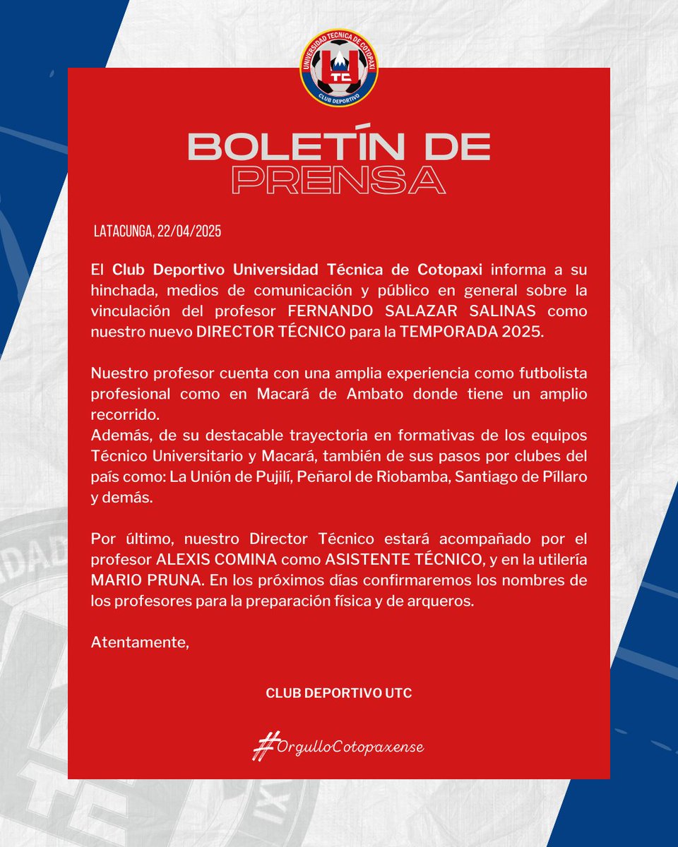 ClubUTC_Oficial's tweet photo. ¡𝐍𝐔𝐄𝐒𝐓𝐑𝐎 𝐏𝐑𝐎𝐅𝐄 𝐘𝐀 𝐀𝐑𝐑𝐈𝐁Ó 𝐀 𝐂𝐎𝐓𝐎𝐏𝐀𝐗𝐈!🫡🔴🔵
Presentamos a nuestro nuevo Director Técnico, el profesor FERNANDO SALAZAR se suma a la cabeza de nuestra institución para la Temporada 2025. 💪
Nuestro Asistente Técnico será el profesor Alexis Comina. https://t.co/U8b1dZPyWq