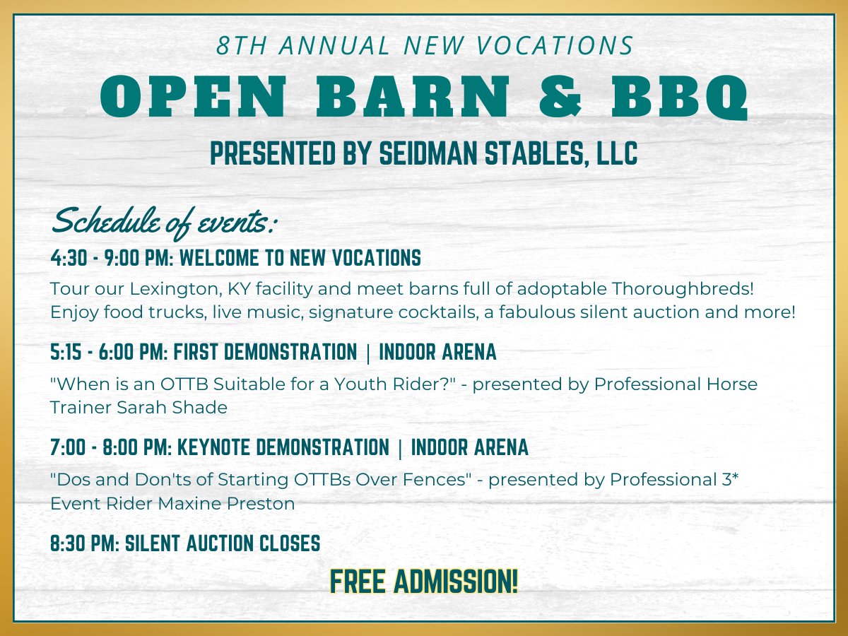 NewVocations's tweet photo. TOMORROW! - Are you in town for the KY 3-Day Event? Don't miss New Vocations' 8th Annual Open Barn & BBQ on Thursday, April 24! FREE and open to the public, enjoy demonstrations, food, fun, and adoptable Thoroughbreds. Learn more: https://t.co/UZuf2bklYA @coloneljen https://t.co/p4M344H3pX