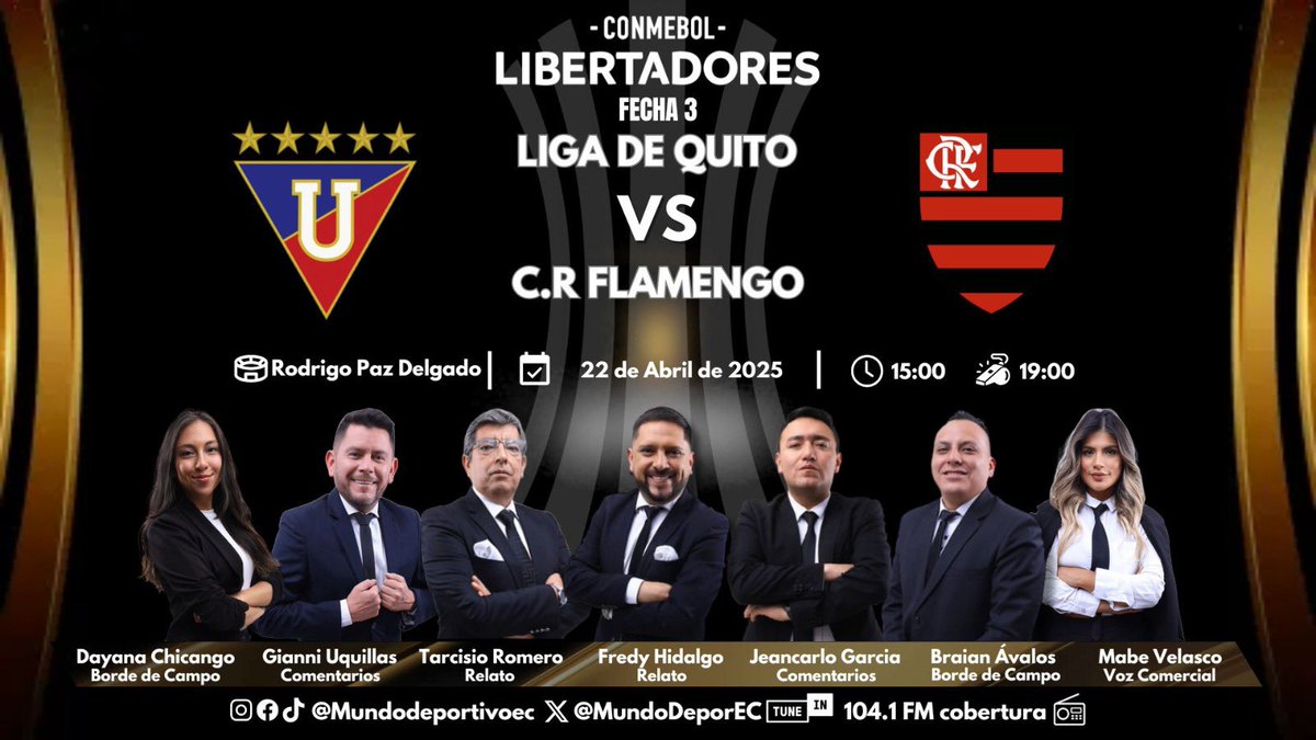 MUNDO DEPORTIVO EC ๐ช๐จ (@mundodeporec) on Twitter photo ๐ยกLIBERTADORES! Arrancamos la jornada de martes con la #Libertadores desde el Rodrigo Paz Delgado.
<a href="/LDU_Oficial/">LDU Oficial</a> ๐ช๐จ ๐ ๐ง๐ท<a href="/Flamengo_es/">Flamengo</a>
๐๏ธ <a href="/TarcisioRomero/">Tarcisio Romero</a>
๐๏ธ <a href="/FPHidalgo/">Fredy Patricio Hidalgo</a>
๐ <a href="/gianniuqui/">Gianni Uquillas A.</a>
๐ <a href="/jeanca1603/">Jeancarlo garcia</a>
๐๏ธ <a href="/Braian_AvalosG/">Braian Andrรฉs Avalos</a>
๐๏ธ <a href="/ChicangoDayana/">Dayana Chicango</a>
๐ฃ๏ธ <a href="/mabe_velasco/">Mabe</a> ๐ยกLIBERTADORES! Arrancamos la jornada de martes con la #Libertadores desde el Rodrigo Paz Delgado.
<a href="/LDU_Oficial/">LDU Oficial</a> ๐ช๐จ ๐ ๐ง๐ท<a href="/Flamengo_es/">Flamengo</a>
๐๏ธ <a href="/TarcisioRomero/">Tarcisio Romero</a>
๐๏ธ <a href="/FPHidalgo/">Fredy Patricio Hidalgo</a>
๐ <a href="/gianniuqui/">Gianni Uquillas A.</a>
๐ <a href="/jeanca1603/">Jeancarlo garcia</a>
๐๏ธ <a href="/Braian_AvalosG/">Braian Andrรฉs Avalos</a>
๐๏ธ <a href="/ChicangoDayana/">Dayana Chicango</a>
๐ฃ๏ธ <a href="/mabe_velasco/">Mabe</a>