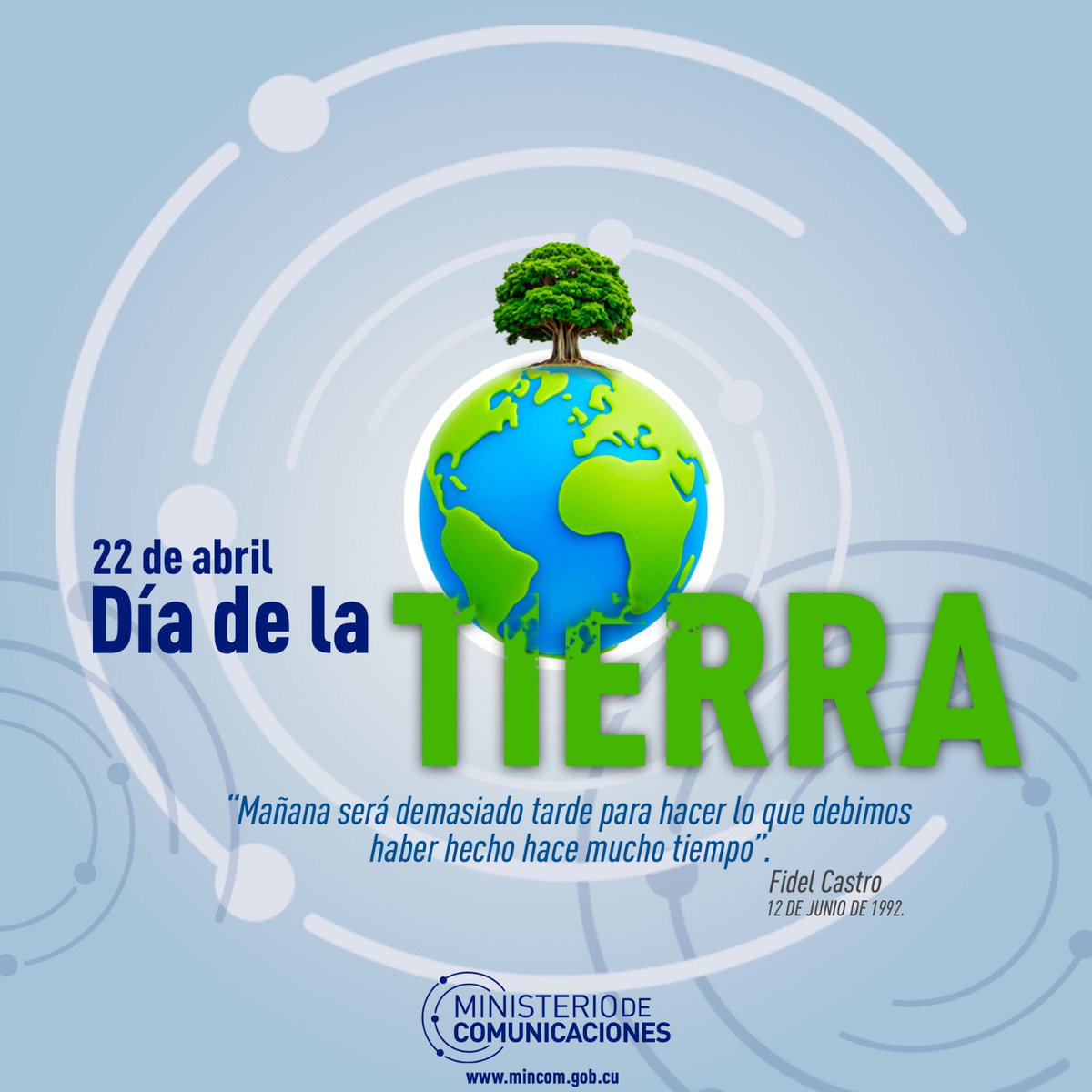 «Los bosques desaparecen, los desiertos se extienden, miles de millones de toneladas de tierra fértil van a parar cada año al mar. (...)
#FidelPorSiempre en su inolvidable discurso en la Cumbre de la Tierra de 1992, una alerta cada vez más urgente hoy, Día Mundial de la Tierra.