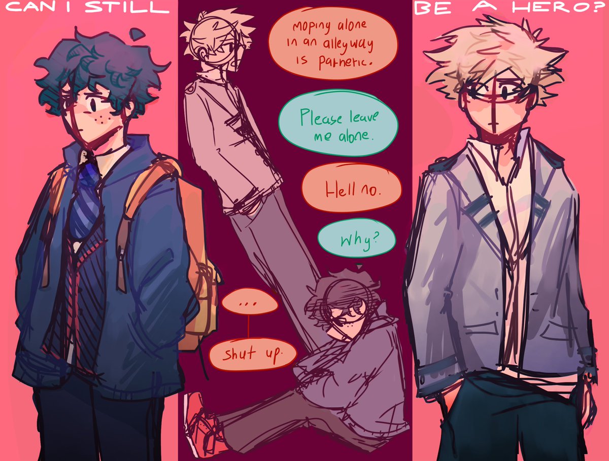 I real like this au… 

(I hope the cropping doesn’t destroy this twitter please)
#MHAfanart #izukumidorya #katsukibakugou
