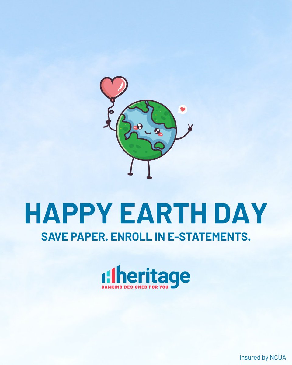 Happy Earth Day! Reminder that you can save paper by enrolling in e-statements 😉 Be kind to the planet and receive your statements more quickly and securely. It's a win-win 🌎🤍 Learn more here bit.ly/3mNOjAT 🔗 #Heritage #EarthDay