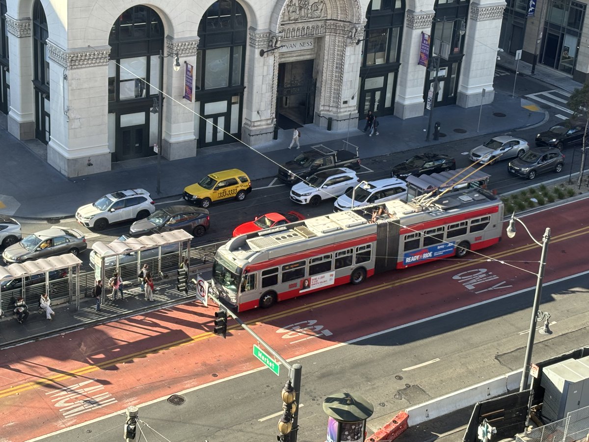 SFMTA_Muni's tweet photo. It’s #SFClimateWeek! Did you know that we’ve made over 100 miles of transit reliability improvements in the past 10 years through the #MuniForward program? This work keeps Muni moving, shifts more trips to transit and helps reduce greenhouse gas emissions. https://t.co/riTRpYAMsM