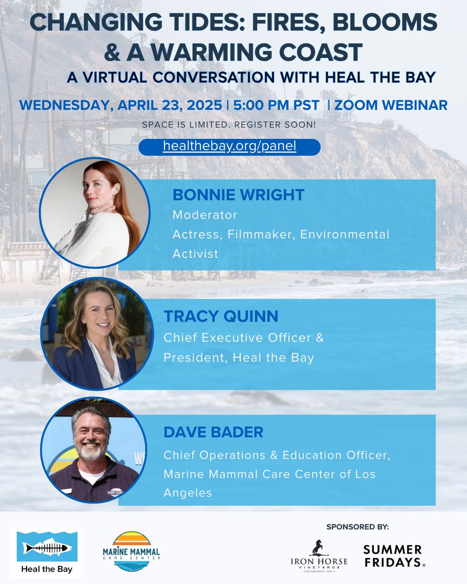 🚨Tomorrow! Join Heal the Bay and Marine Mammal Care Center for a critical conversation moderated by actress and advocate Bonnie Wright. Learn about the environmental impacts of recent wildfires and toxic algae.

Space is limited! Register: healthebay.org/panel