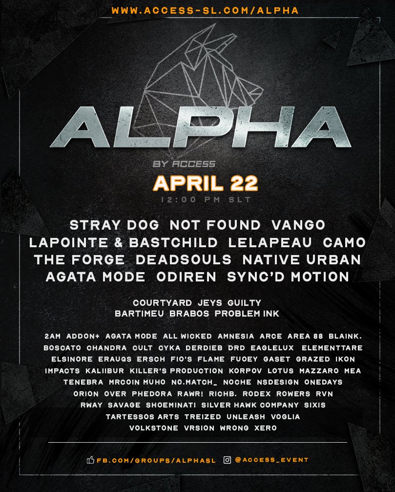 ALPHA is OPEN! come shop your favorite male creators &lt;3

🐺  tp to main sim: maps.secondlife.com/secondlife/ACC…

🐺 Essential Inventory Gallery: essential-inventory.com/2025/alpha-apr…

#secondlife #alphaevent #accessevent