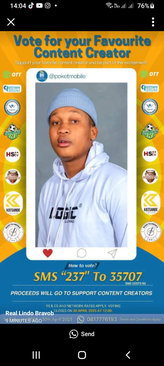 SweetGs please don't forget yo vote for @lindo_bravo SMS 237 TO 35707 sms costs R3.00 it closes on April 30🙏🏻

SWEET GULUVA THE MC
SWEET GULUVA THE BRAND 
#SweetGuluva
#AkhonamathembaZwane