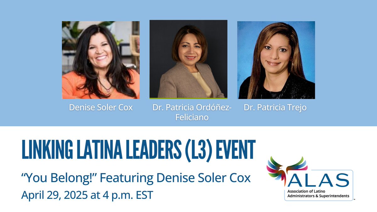 PTREJ0's tweet image. Excited to co-facilitate the National ALAS #LinkingLatinaLeaders(L3) Network at 4pmEST on 4/29 for a powerful &inspiring virtual event, "You Belong!" Can't wait to reconnect w/@DeniseSolerCox Award-Winning Filmmaker, Speaker, &upcoming Author. All welcome:
rb.gy/itdp0e