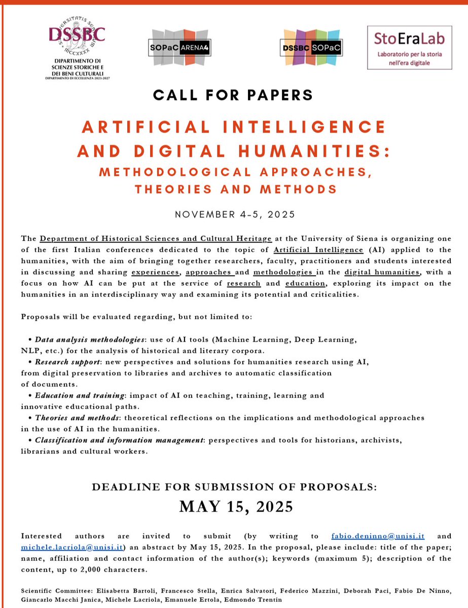 CfP: Artificial Intelligence and Digital Humanities: Methodological approaches, theories and methods. November 4-5, 2025.
Interested authors are invited to submit (by writing to fabio.deninno@unisi.it and michele.lacriola@unisi.it) an abstract by May 15, 2025. 

<a href="/DBB_CDH/">Dijital Beşeri Bilimler M.|Center f DH |Marmara Ü</a>