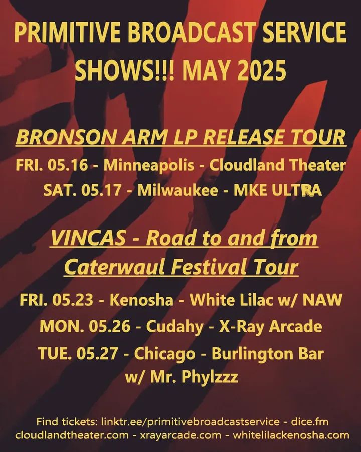 Primitive Broadcast Service (@primitivebroad1) on Twitter photo Shows in May!! We play 2 shows with <a href="/BronsonArm/">Bronson Arm</a> on their album release tour (the LP "Casket Schwag" drops May 9). And then we join Vincas (from Athens GA) for 3 shows on their Caterwaul Run 🔥 Find your tickets here: #noiserock primitivebroadcastservice.com Shows in May!! We play 2 shows with <a href="/BronsonArm/">Bronson Arm</a> on their album release tour (the LP "Casket Schwag" drops May 9). And then we join Vincas (from Athens GA) for 3 shows on their Caterwaul Run 🔥 Find your tickets here: #noiserock primitivebroadcastservice.com