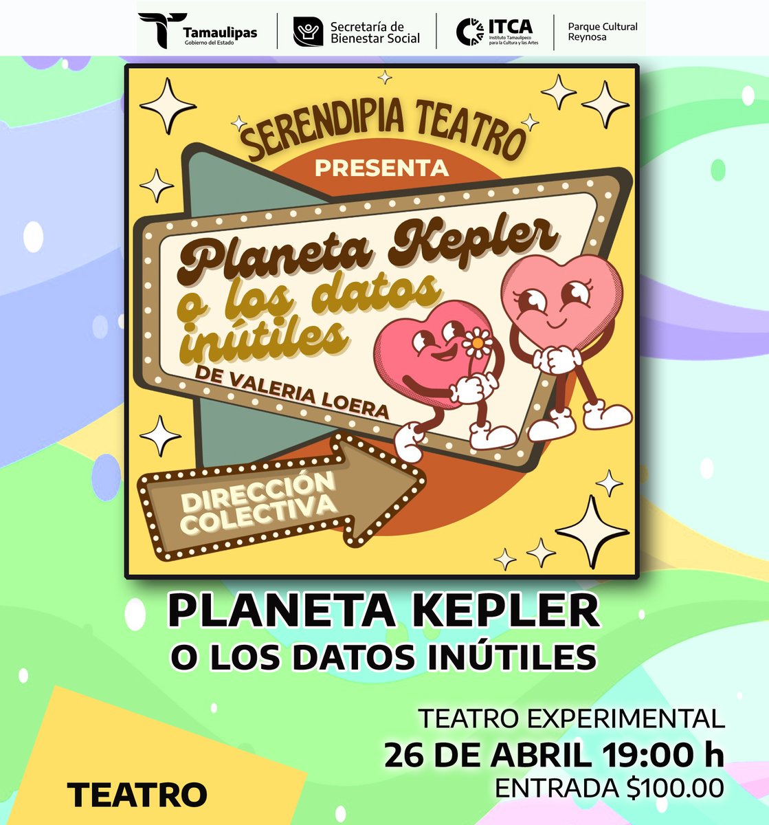 Ven y acompáñanos a descubrir:
"Planeta Kepler o los datos inútiles"
Escrita por Valeria Loera y puesta en escena por Serendipia Teatro bajo la dirección de Graciela Vergara, José Becerra y Citlali Cruz.
26 de abril a las 7:00 pm
Teatro Experimental  
Los boletos  $100