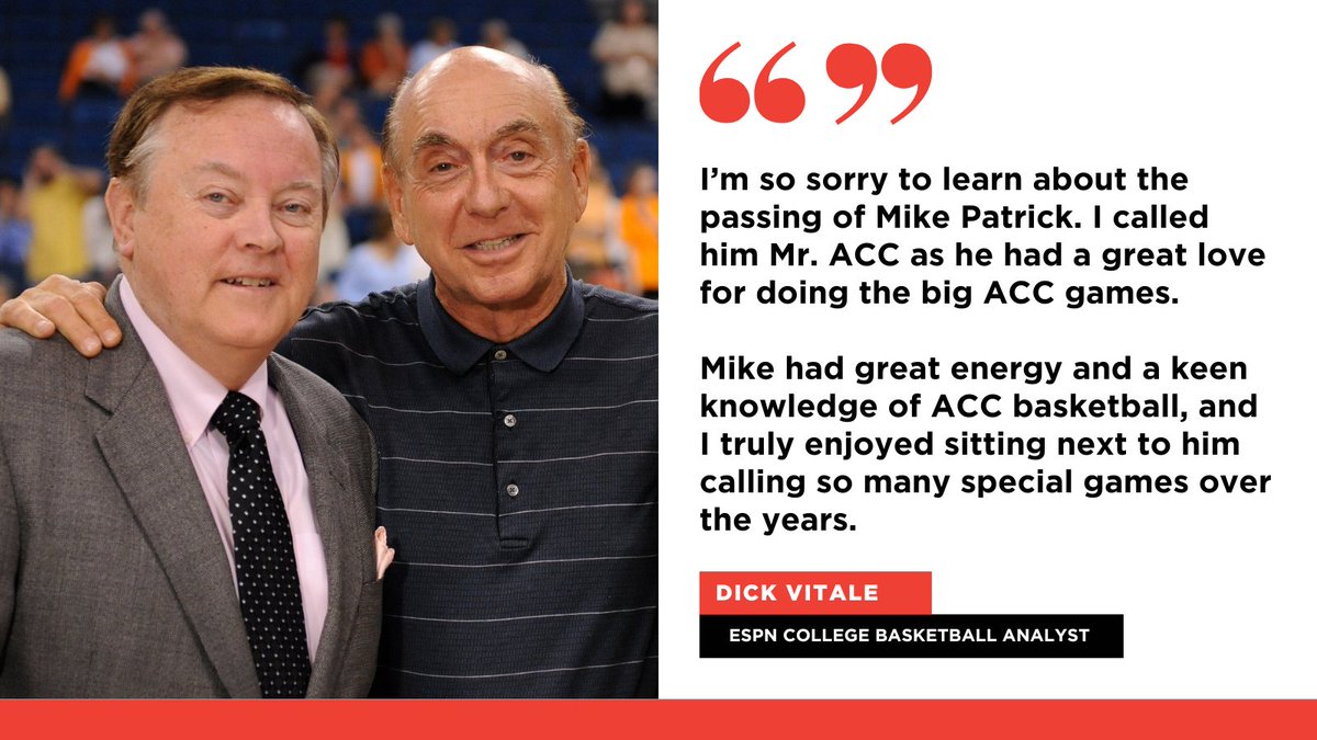 ESPN PR (@espnpr) on Twitter photo ESPN's <a href="/DickieV/">Dick Vitale</a> remembers his former play-by-play partner Mike Patrick
More on Patrick: bit.ly/3RuUHsM ESPN's <a href="/DickieV/">Dick Vitale</a> remembers his former play-by-play partner Mike Patrick
More on Patrick: bit.ly/3RuUHsM