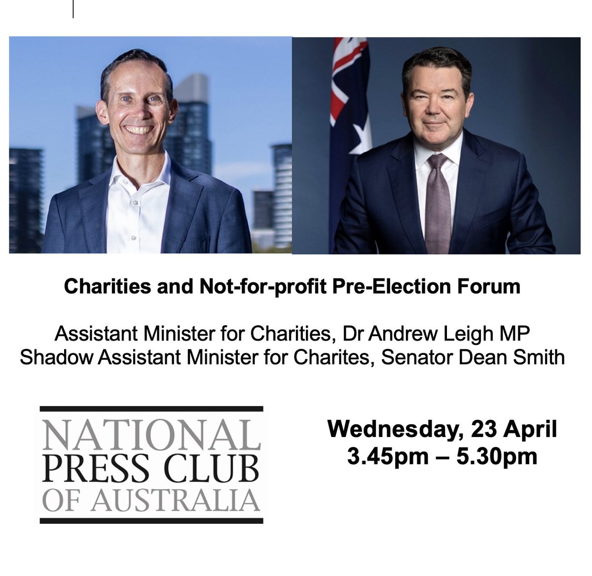 Today! The National Press Club puts #charities, #communitygroups, #nfps and #volunteering in the election spotlight. 

Assistant Minister for Charities Dr Andrew Leigh and Shadow Assistant Minister Senator Dean Smith will outline commitments to this vital sector.
