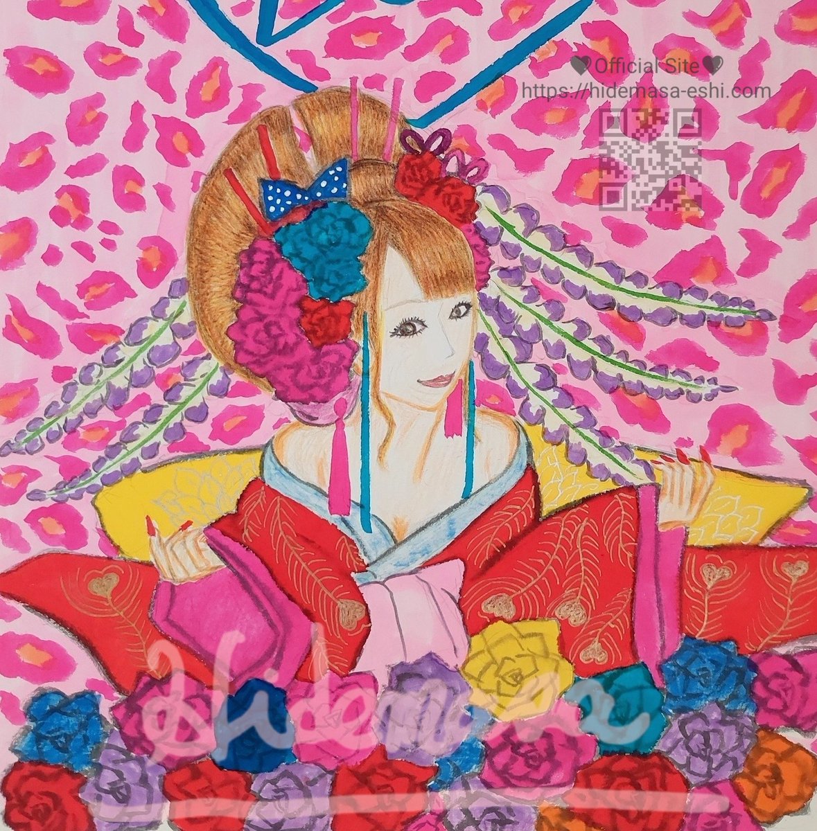 イラスト原画 葵風紗 「バラと女の子」