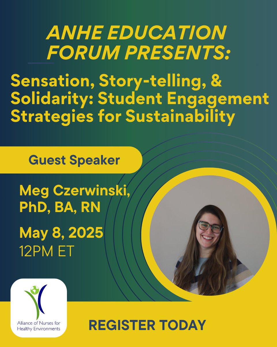 Mark your calendars! 📅 Join us on May 8 at 12 PM ET for the next ANHE Education Forum: Sensation, Storytelling, &amp; Solidarity: Student Engagement Strategies for Sustainability.

Featuring Meg Czerwinski, PhD, BA, RN

Register today: zurl.co/TaGfP