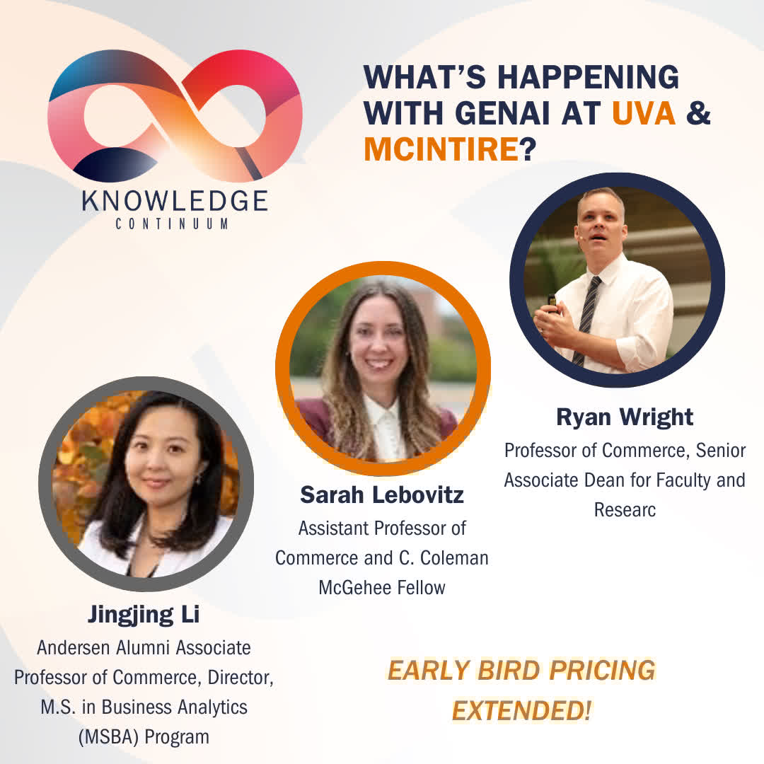 Early-bird pricing extended! 🎉 Don't miss McIntire Professors Jingjing Li &amp; Sarah Lebovitz at #KnowledgeContinuum2025 (May 2), sharing new research on genAI at UVA Health + its real-world impact on care, burnout &amp; efficiency.

Learn more and register now! commerce.virginia.edu/centers/cmit/k…
