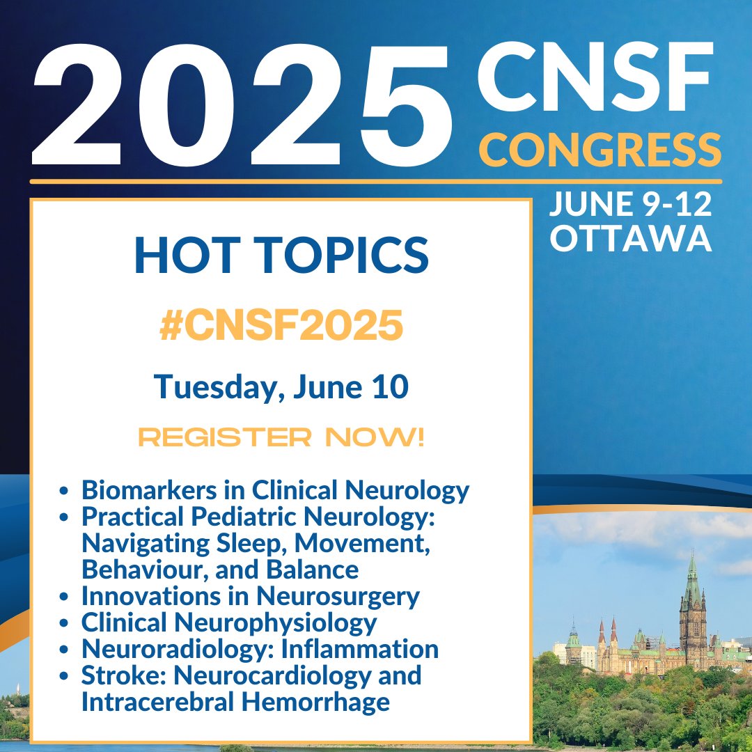 HOT TOPICS | 2025 CNSF Congress
Check out the #2025CNSF HOT TOPICS in Neurology, Neurosurgery, Clinical Neurophysiology, Pediatric Neurology, Neuroradiology and Stroke, Tuesday, JUNE 10th OTTAWA.
Don't miss out and Register now! Early Bird Ends May 7th. cnsf.org/congress/regis…