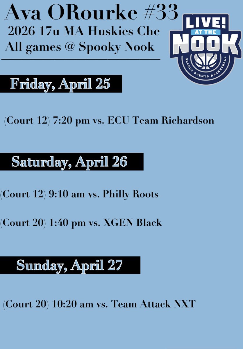 My schedule for our upcoming tournament at Spooky Nook, PA. Can’t wait to compete with my <a href="/MAHuskies/">MA_Huskies</a> team! <a href="/coachchekim1/">Che</a>  <a href="/BashHoopsNE/">Bash Hudson</a> <a href="/atrtraining978/">Above The Rim Training</a>
