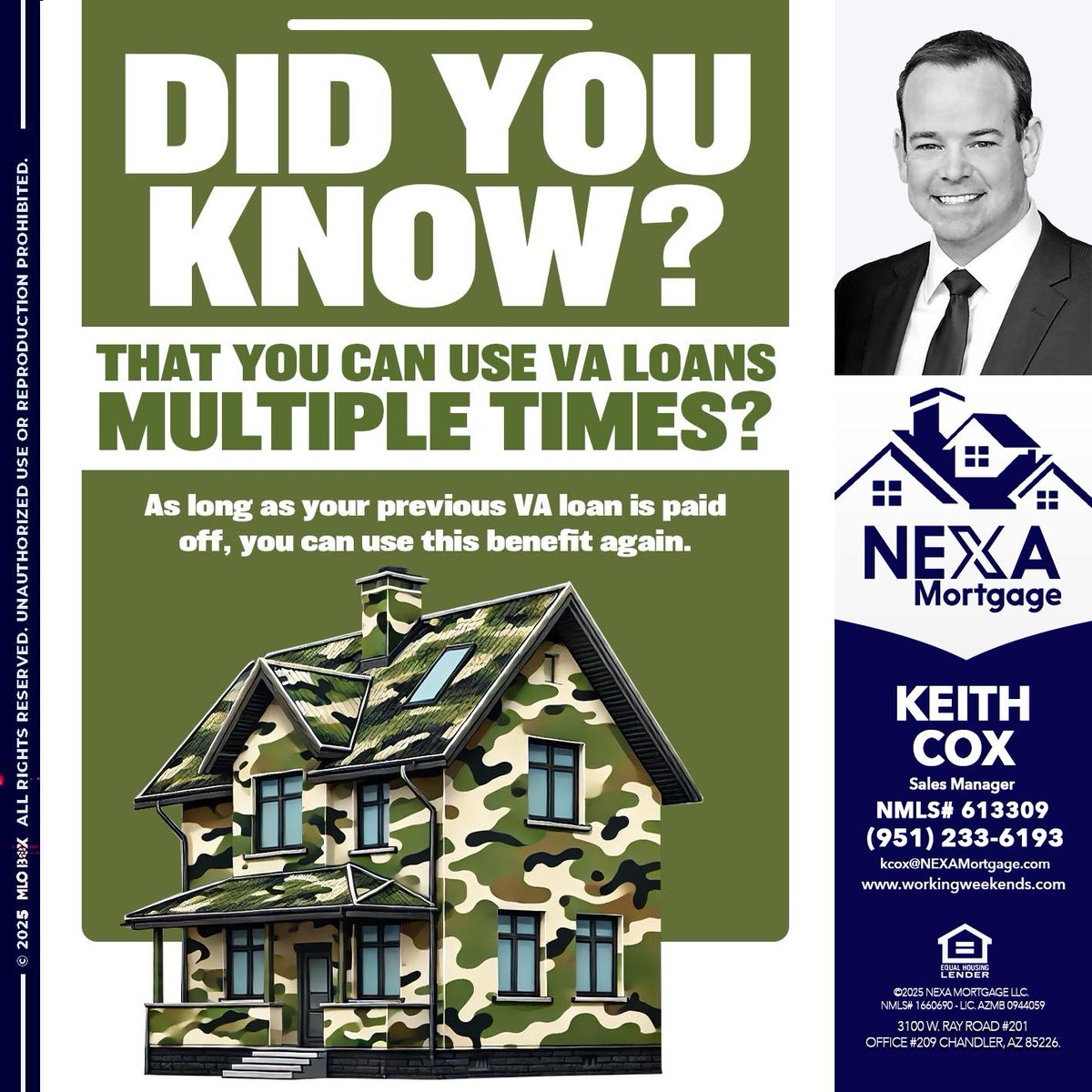 dothemathfirst's tweet photo. VA loans: Use them AGAIN! Pay off your last loan, then reuse this benefit. Keith Cox at Nexa Mortgage can help! Call (951) 233-6193 or visit https://t.co/w0wdEzGWzK  #VALoans #BuyYourHome #NexaMortgage #RealEstate #EatSleepFundRepeat🚀✨ https://t.co/jtmUrv56uH