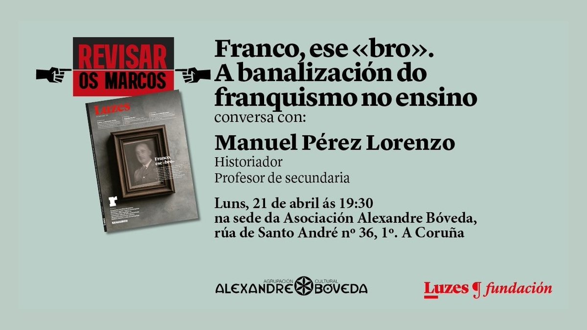 Está xa na nosa canle de YouTube o video coa conversa que onte tivemos con Manuel Pérez Lorenzo sobre a banalización do franquismo no ensino. Titulámola igual que a reportaxe da capa do número deste mes da revista de onde sae o tema: Franco, ese «bro»
youtu.be/S0iFZllHEkM